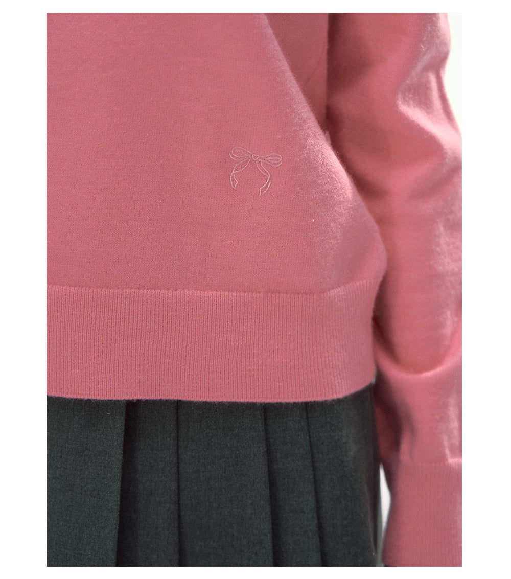 CANSTORE - "Berry Reverie" Pink V-Neck Bow-Tie Knit Sweater