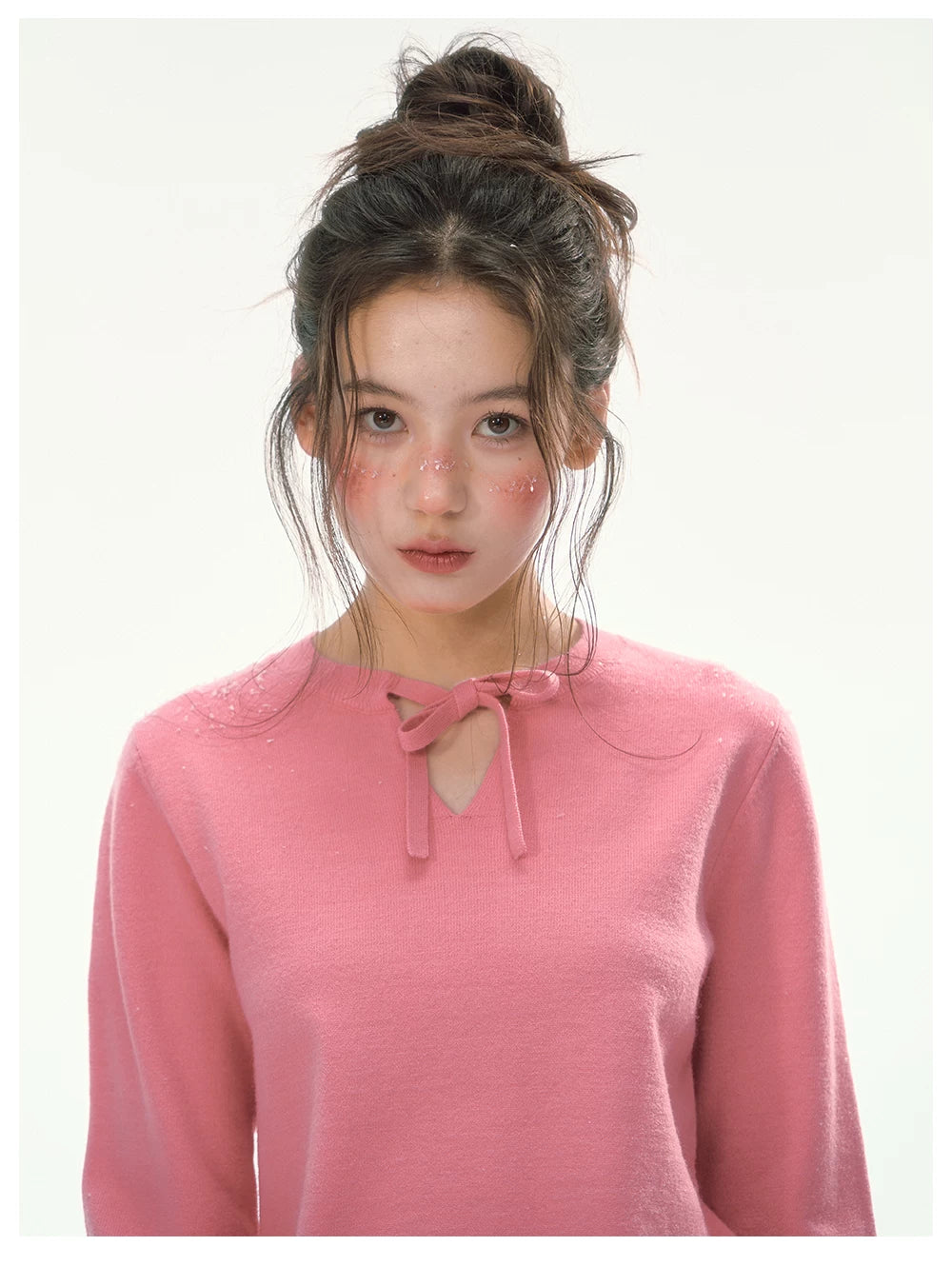 CANSTORE - "Berry Reverie" Pink V-Neck Bow-Tie Knit Sweater