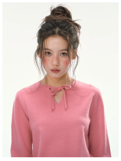 CANSTORE - "Berry Reverie" Pink V-Neck Bow-Tie Knit Sweater