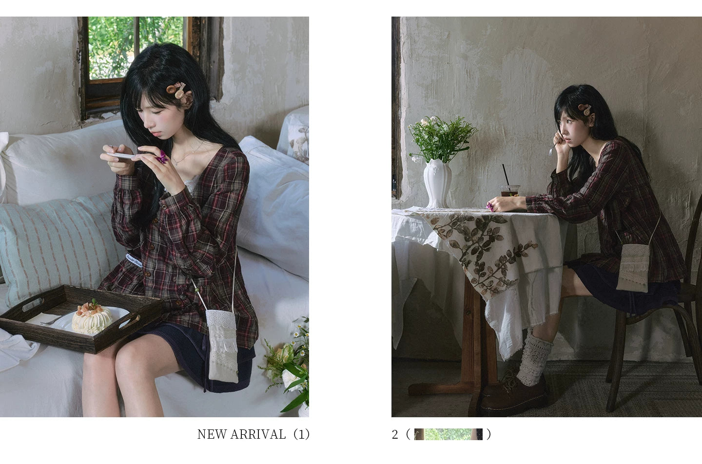 "Sage Whisper" Layered Vintage Collection (Plaid Shirt / Lace Cami / High-Waist Skirt)
