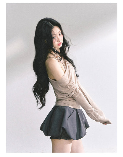少也眼 "Soft Whisper" Korean Asymmetric Dual-Layer Off-Shoulder Top - Khaki