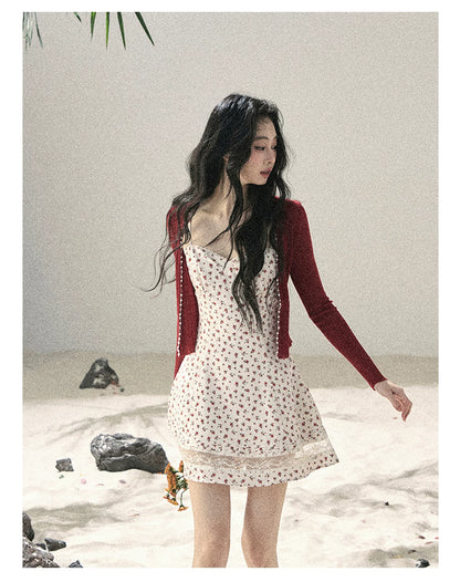 "Blooming Rose Reverie" Cloud White Floral Lace Mini Dress & Burgundy Wine Cardigan 56483