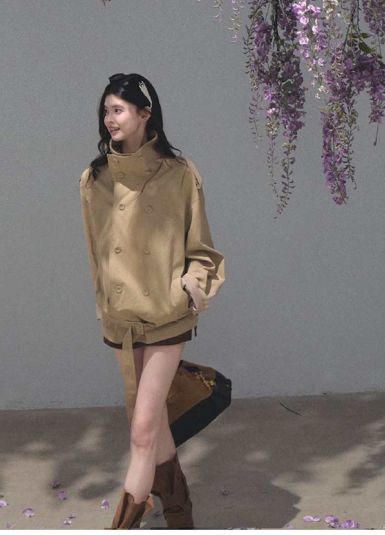 OAKMOO/ Belted Double-Breasted Trench Jacket (Deep Black / Hazel Khaki)