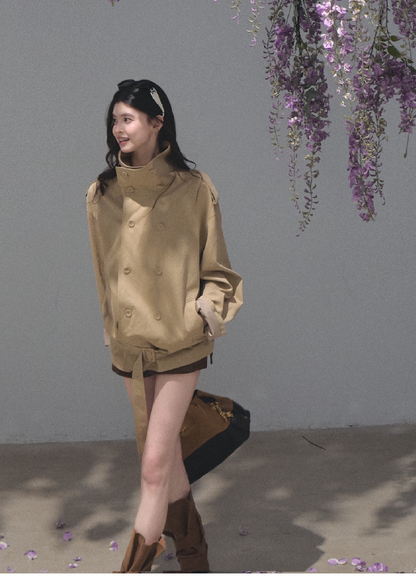 OAKMOO/ Belted Double-Breasted Trench Jacket (Deep Black / Hazel Khaki)