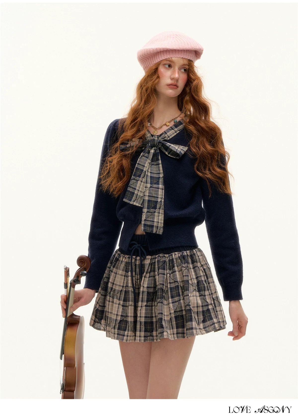 ASGONY - Navy Plaid Bow Detail Cropped Knit Cardigan