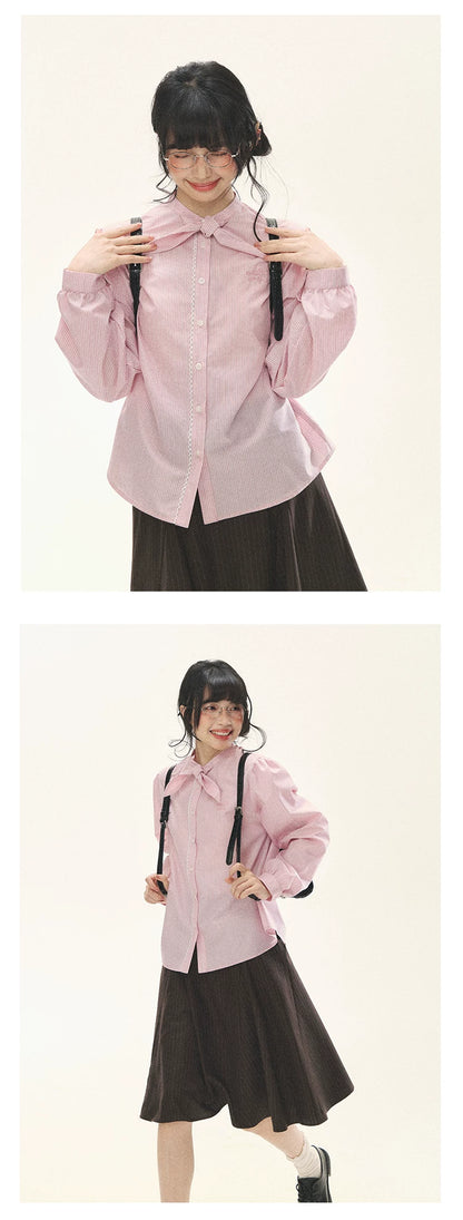 "Blush Poetry" Pink Stripe Cotton Bow Blouse