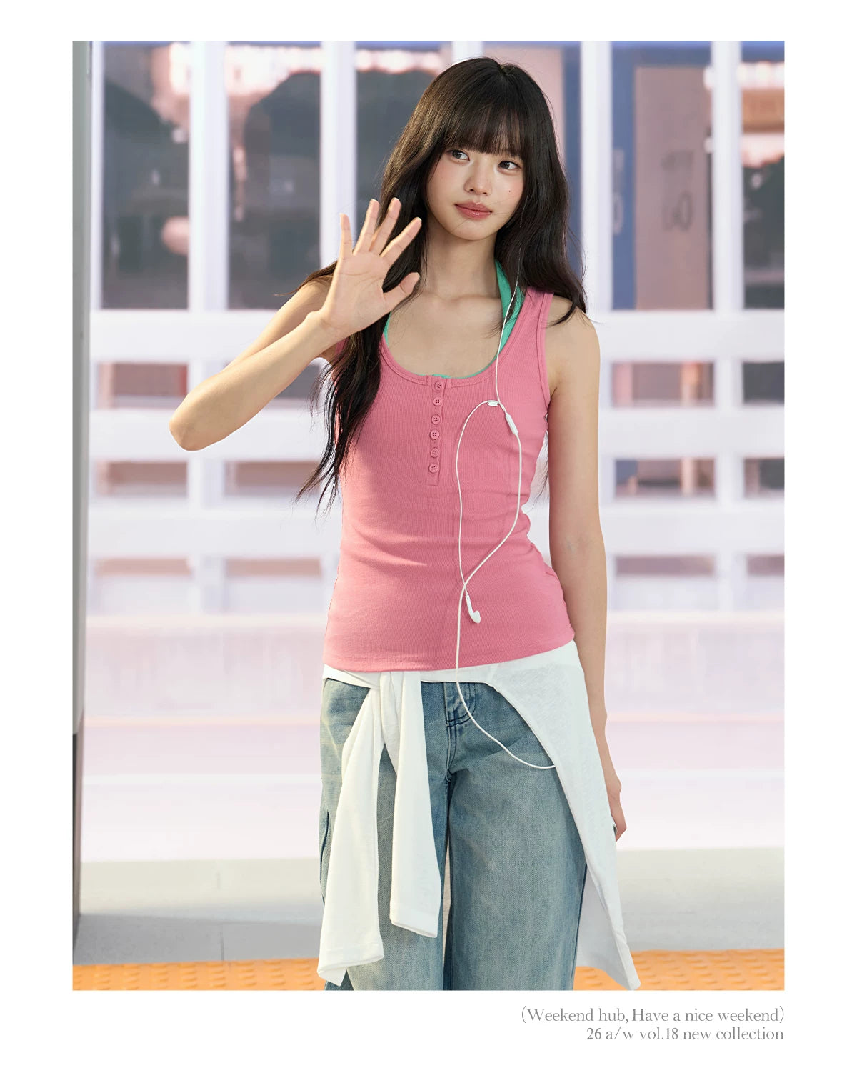 "Everyday Departure" Pink Henley Racerback Tank Top