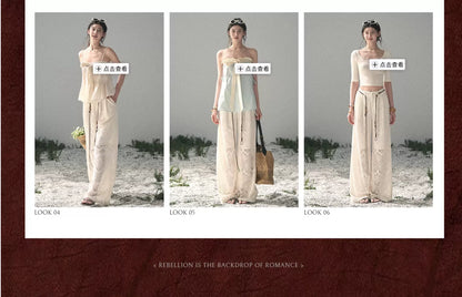 “Wandering Here” Milk Apricot Openwork Wide-Leg Pants