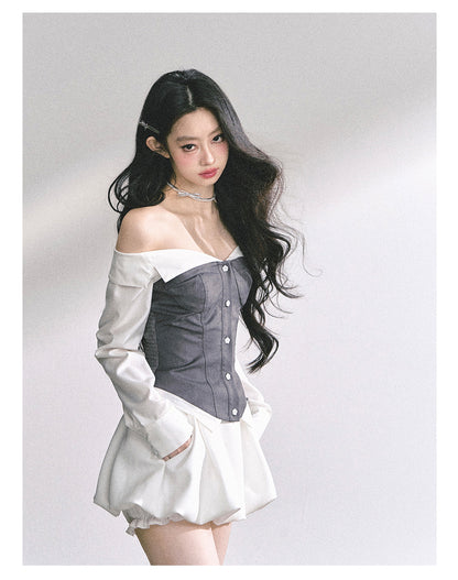 少也眼 "London Crush" Off-Shoulder Dual-Layer Long-Sleeve Spicy Girl Tee - Gray White