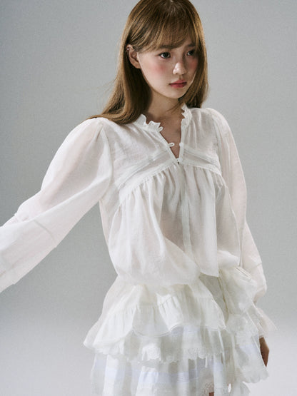 LOST FOREST - Acetate Flower Belt Detail Relaxed Top (White / Blue)