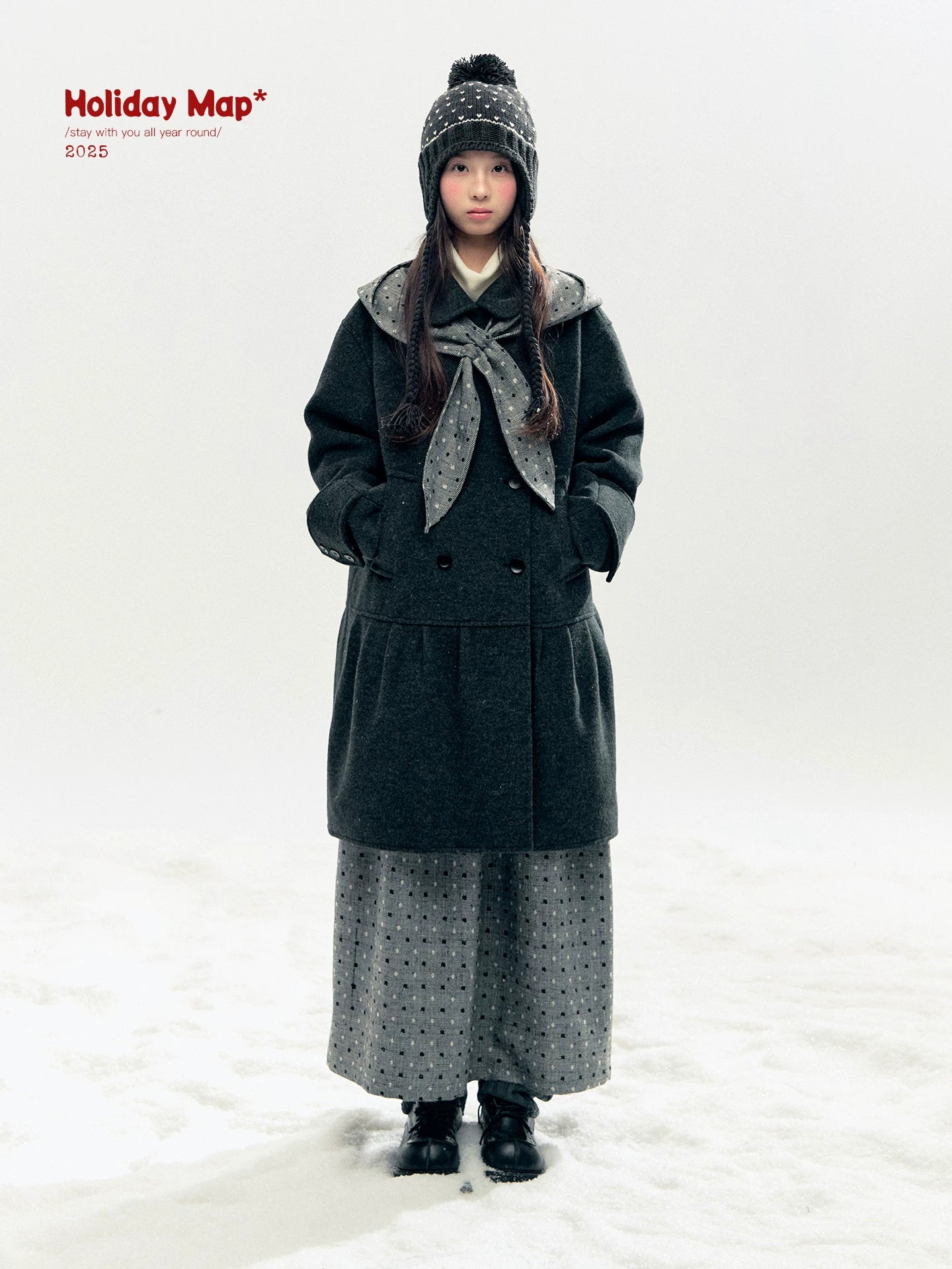 "Snowfall Polka" Charcoal Polka Dot Wool-Blend Midi Skirt