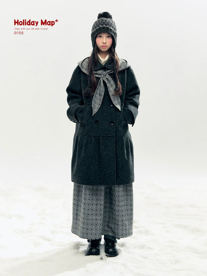 "Snowfall Polka" Charcoal Polka Dot Wool-Blend Midi Skirt