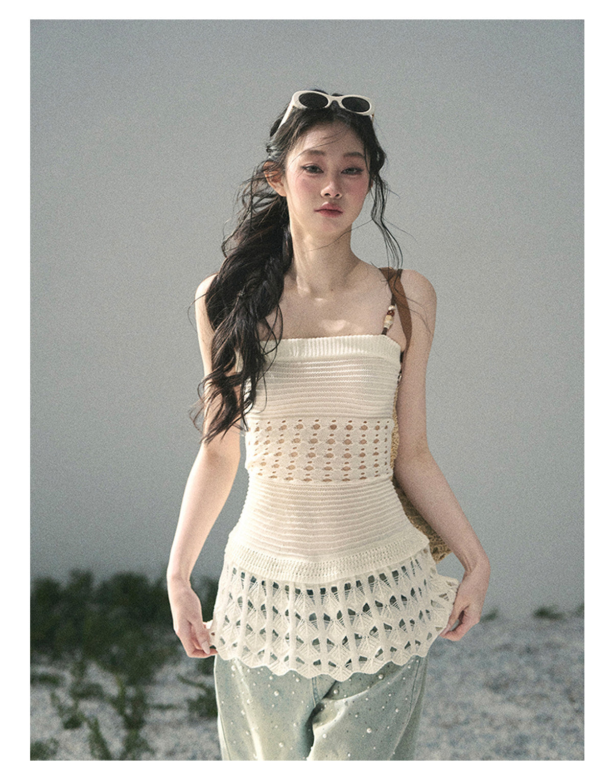 “Fractured Presence” Ivory Open-Knit Cami Top
