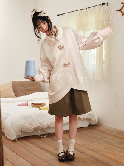 DAILY ARTIST - Soft Pink Pearl Satin Rose Bubble Sleeve Jacket