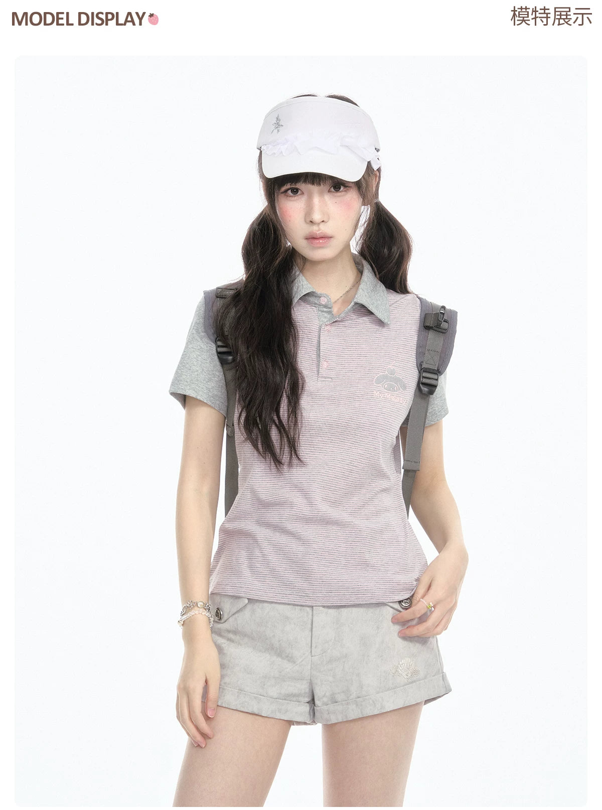 Contrast Stripe Light Gray Pink Polo Collar Short Sleeve Top / Shorts