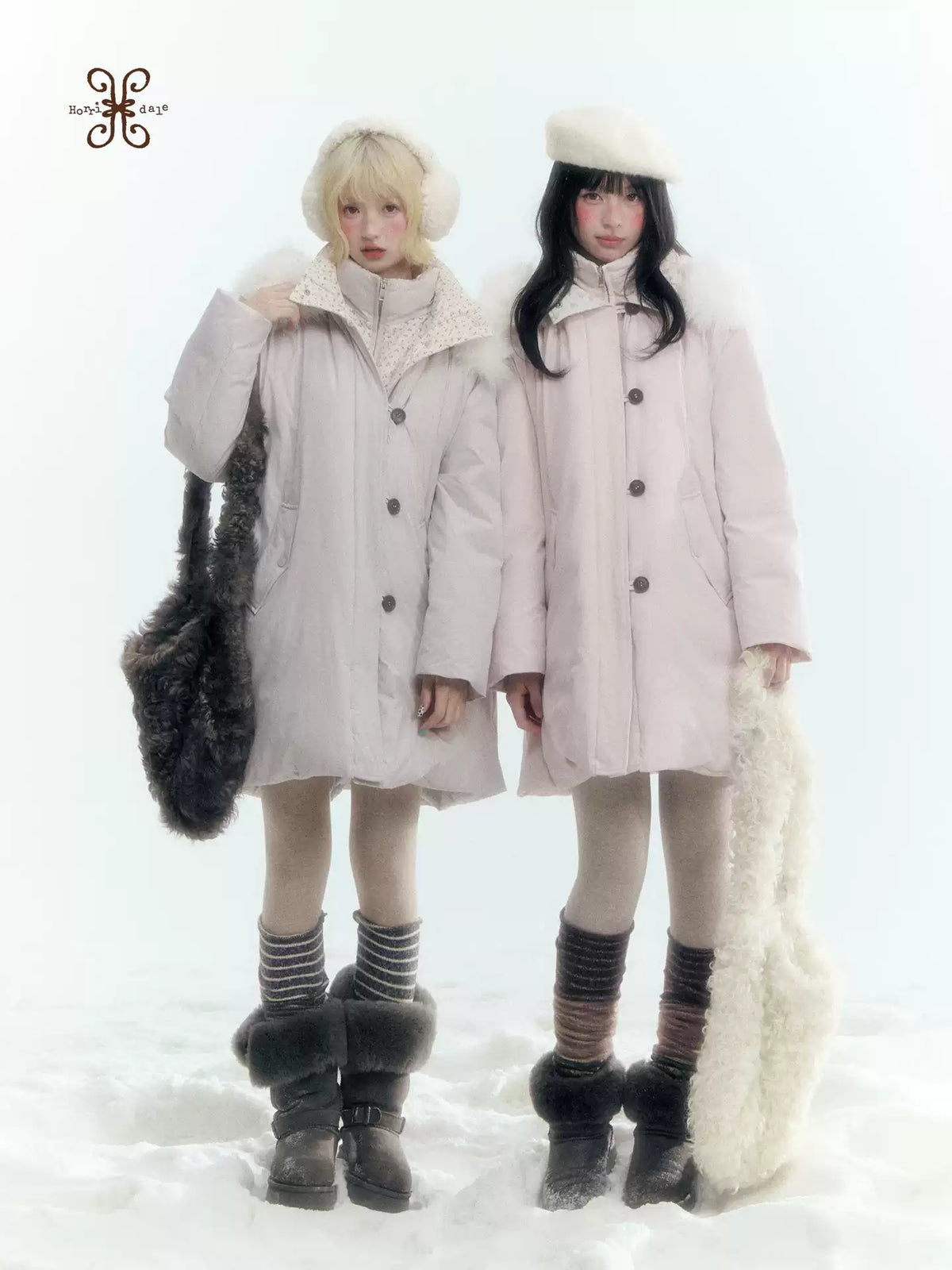 Horridale - Snow-Dusted Floral 90% White Duck Down Puffer Jacket (Light Peach Pink / Silver Gray)