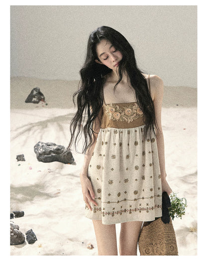 "Whispers Through the Wheat Fields" Oat Beige Floral Cami Babydoll Mini Dress