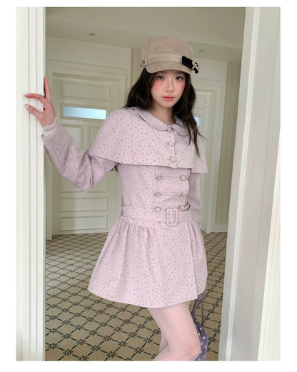 [RF] “Taro Cloud” Pink Double-Breasted Waist-Defined Cape Coat