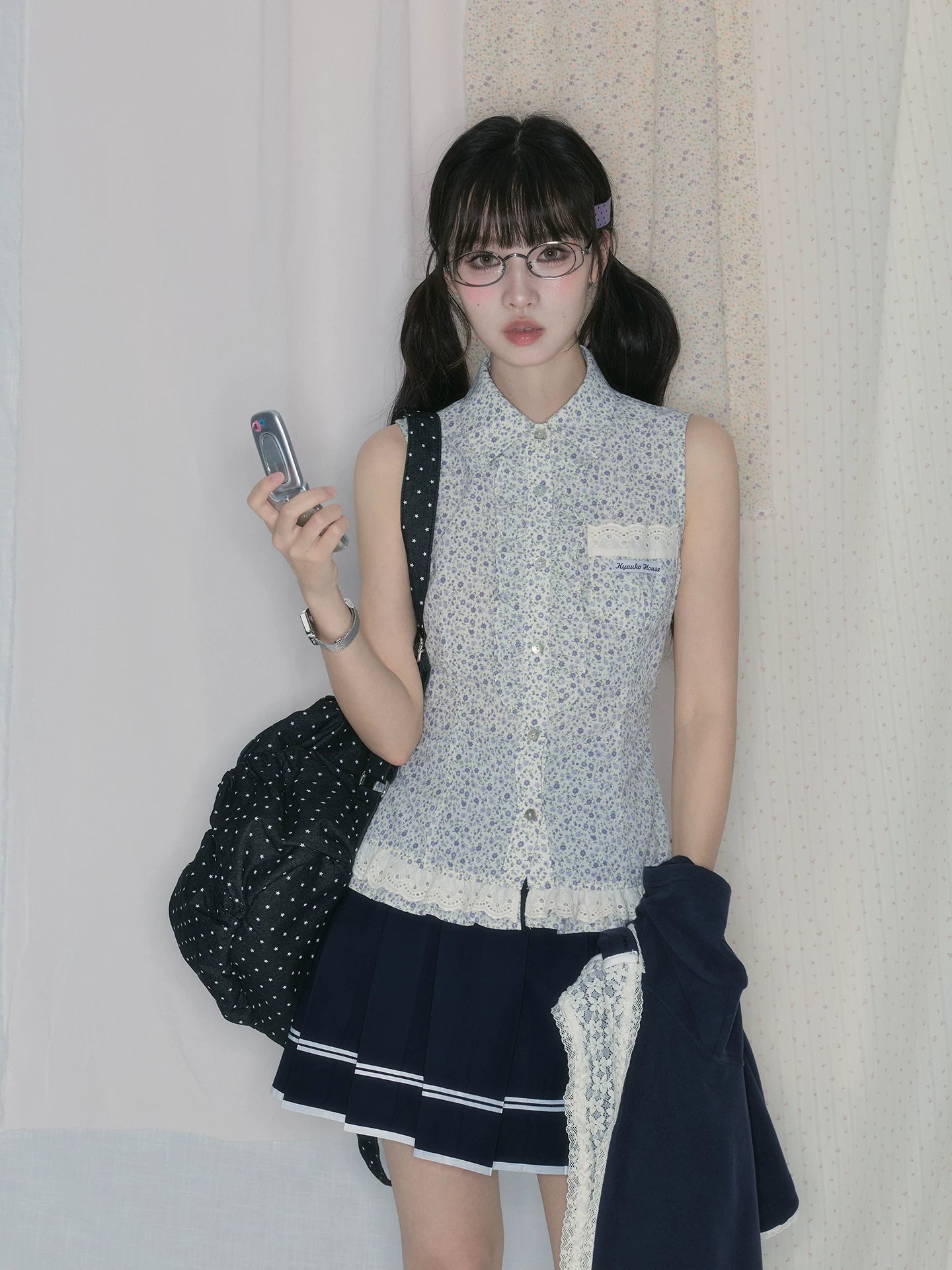 "Midnight Blossom" Vintage Floral Collection (Sleeveless Blouse / Hooded Cardigan / Box Pleated Skirt)