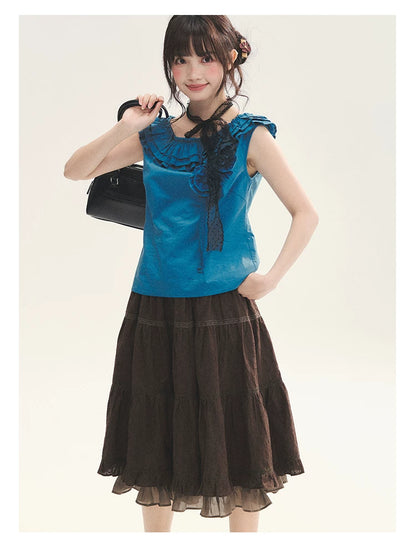 "Bluebell" Peacock Blue Lace Embroidered Fitted Sleeveless Top