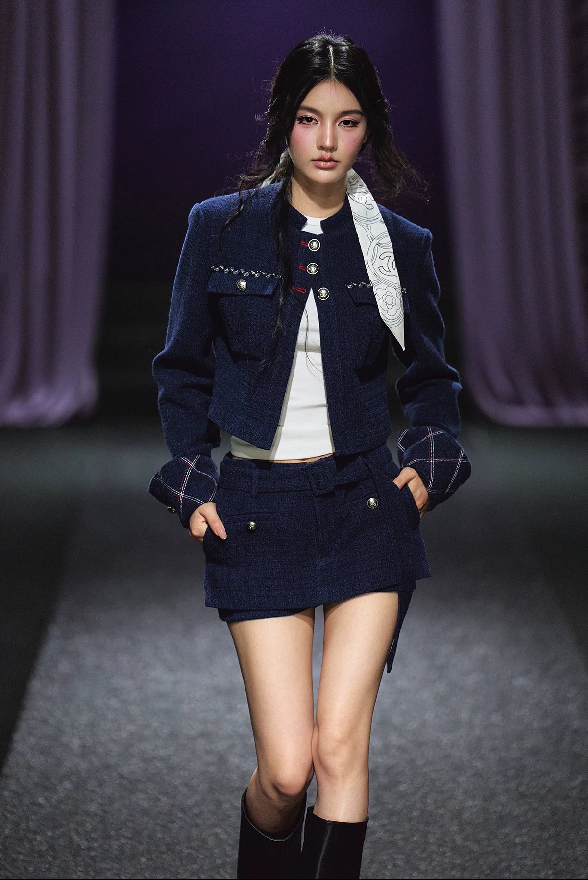 "Midnight Atelier" Navy Wool Quilted Jacket & A-Line Skort Set