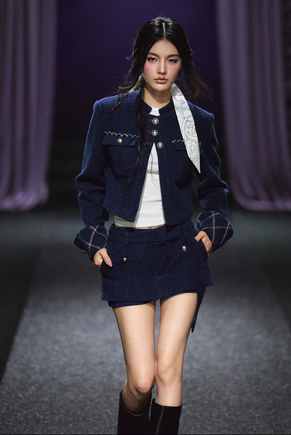 "Midnight Atelier" Navy Wool Quilted Jacket & A-Line Skort Set