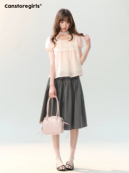 "Pink Mist Notes" Blush Pink Lace Puff Sleeve Blouse  LL2026217