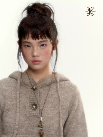 Oatmeal Ribbed-Hem Hooded Knit Sweater
