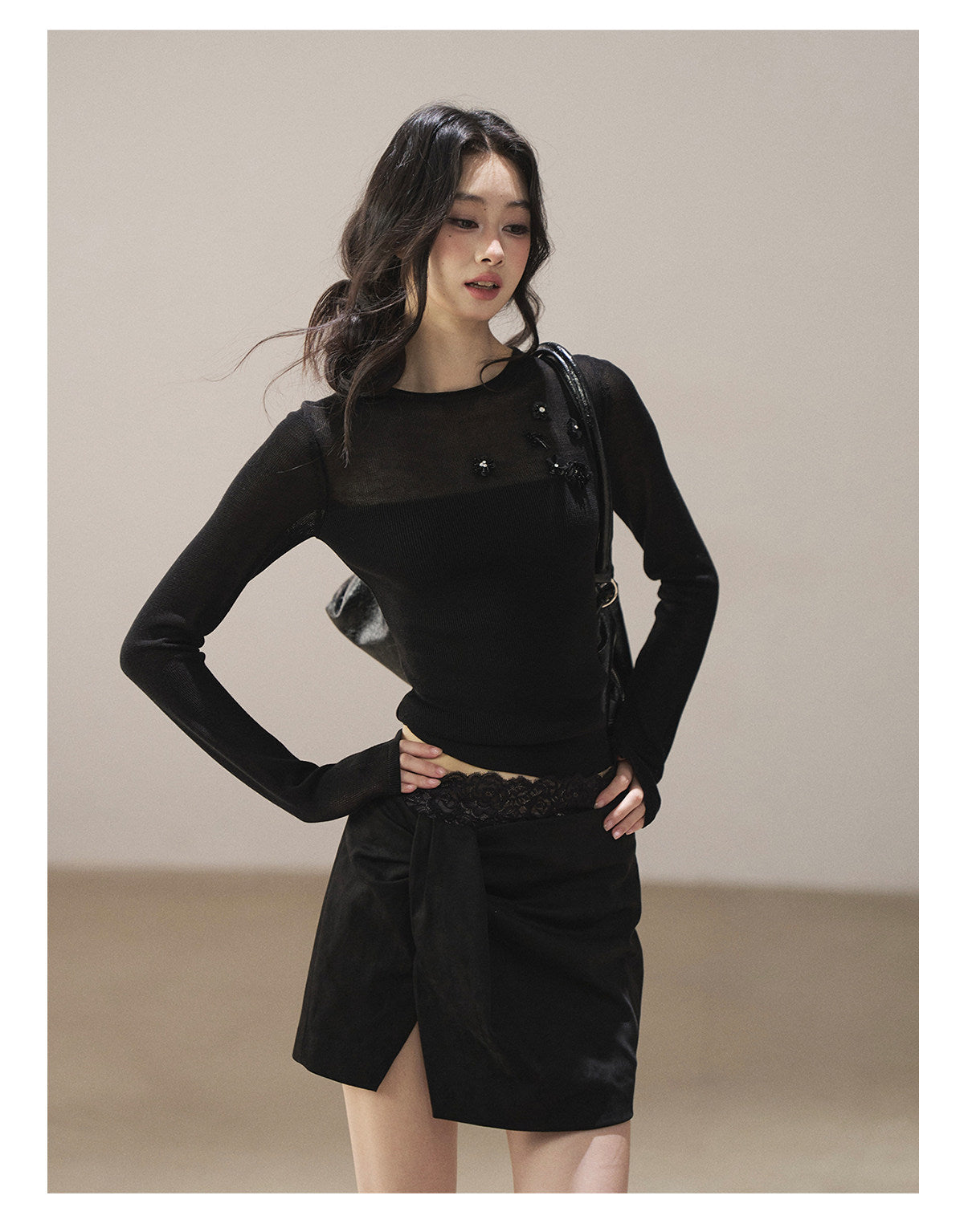 170726 "Hidden Between Light and Shadow" Tranquil Black Sheer Layered Knit Top