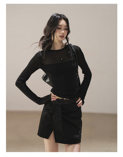 170726 "Hidden Between Light and Shadow" Tranquil Black Sheer Layered Knit Top