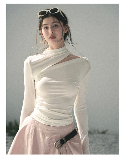 “Tidal Breath” Pearl White Draped Cutout Top