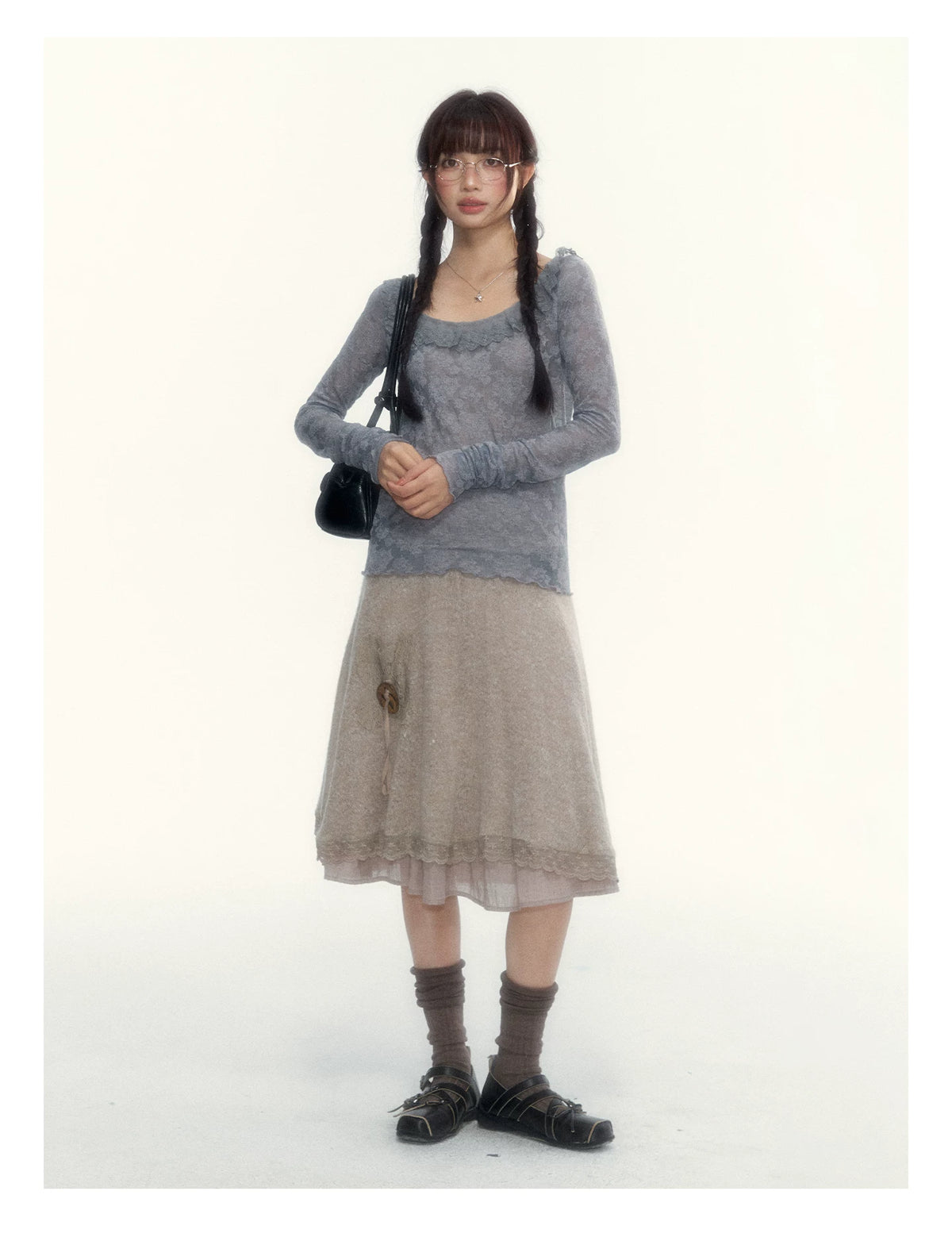 Milk Coffee Vintage Lace Knit A-Line Skirt