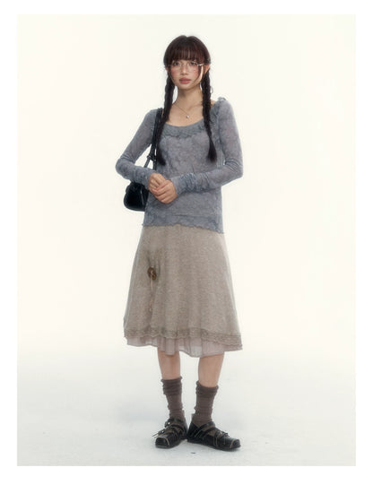 Milk Coffee Vintage Lace Knit A-Line Skirt