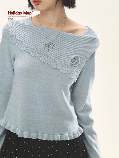"Sea Salt Bloom" Sea Salt Blue Off-Shoulder Ruffle Knit Sweater