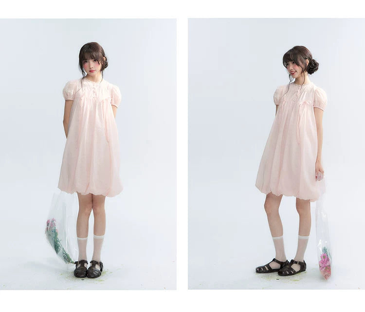 "Little Princess" Strawberry Pink Lace Bow Bubble Hem Midi Dress