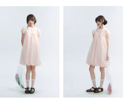 "Little Princess" Strawberry Pink Lace Bow Bubble Hem Midi Dress