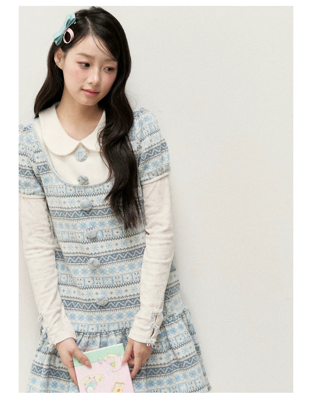 [RF] Vintage Geometric Jacquard Peter Pan Collar Knit Dress with Ruffle Hem