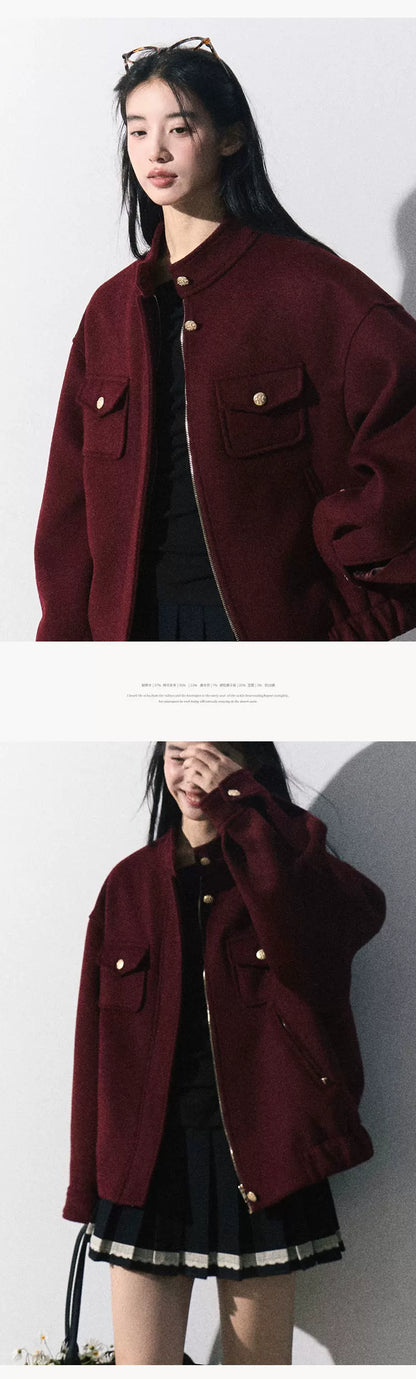 OAKMOO/ "Plum Blossom Mood" Angora Red Wool-Blend Harrington Jacket