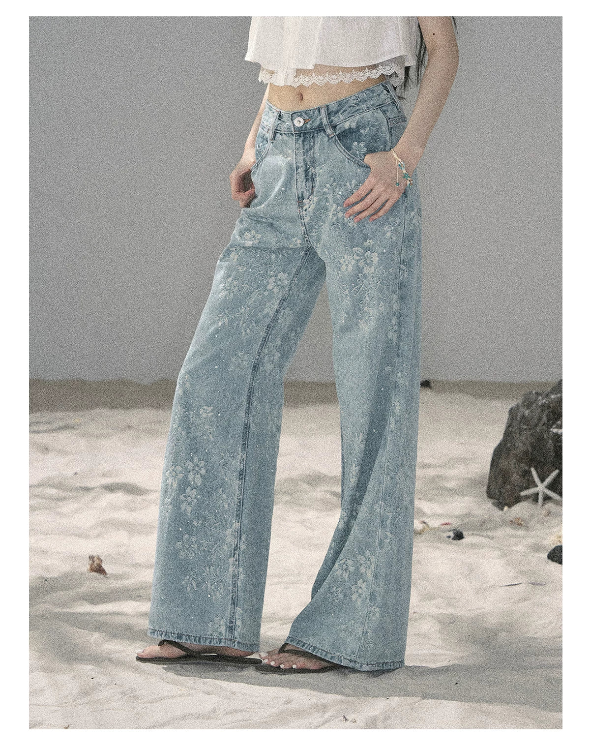 "Twinkling Starlight" Sky Blue Floral Rhinestone Wide-Leg Jeans