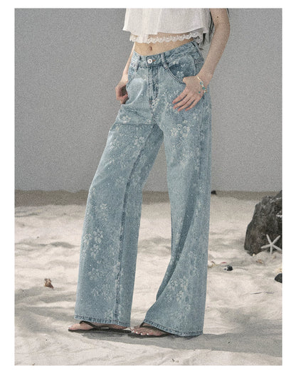 "Twinkling Starlight" Sky Blue Floral Rhinestone Wide-Leg Jeans