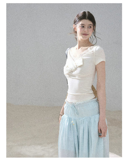 "White Tea Under the Moonlight" White Lace V-Neck Top