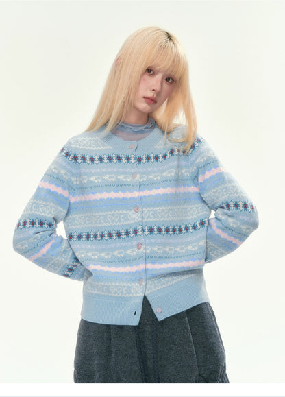 [CAN] Blue Fair Isle Cropped Wool Cardigan (100% Sheep Wool)