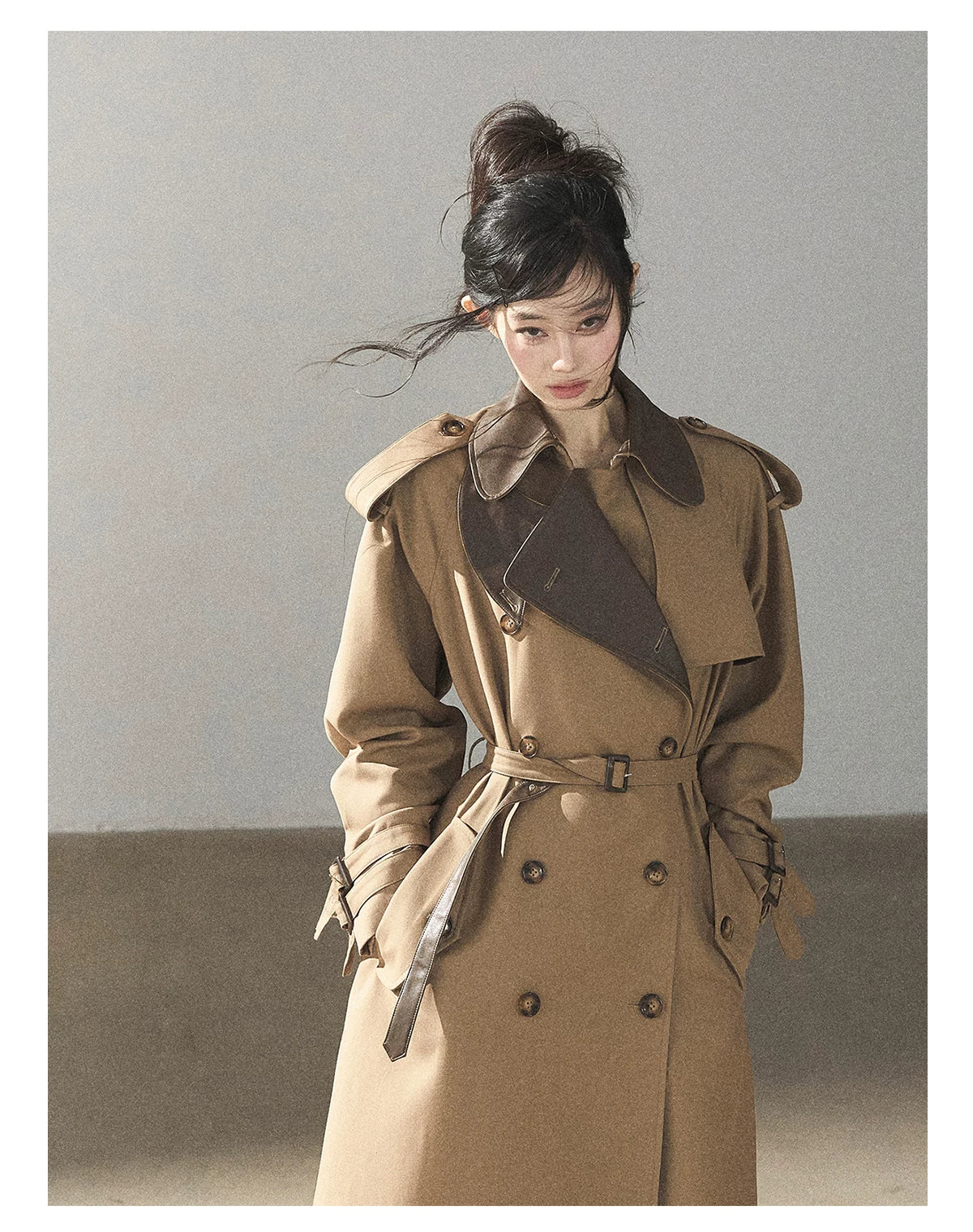 AOMALM - Chestnut Brown Long A-Line Trench Coat with Belt