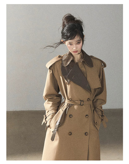 AOMALM - Chestnut Brown Long A-Line Trench Coat with Belt