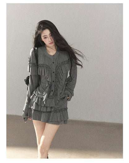 AOMALM - "Echoes in the Folds" Pearl Gray Relaxed Layered Mini Skort Set