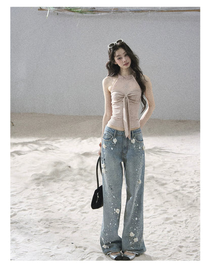 "Galaxy in Your Eyes" Milk Tea Halter Mesh Knit Top
