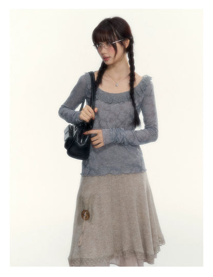 Milk Coffee Vintage Lace Knit A-Line Skirt