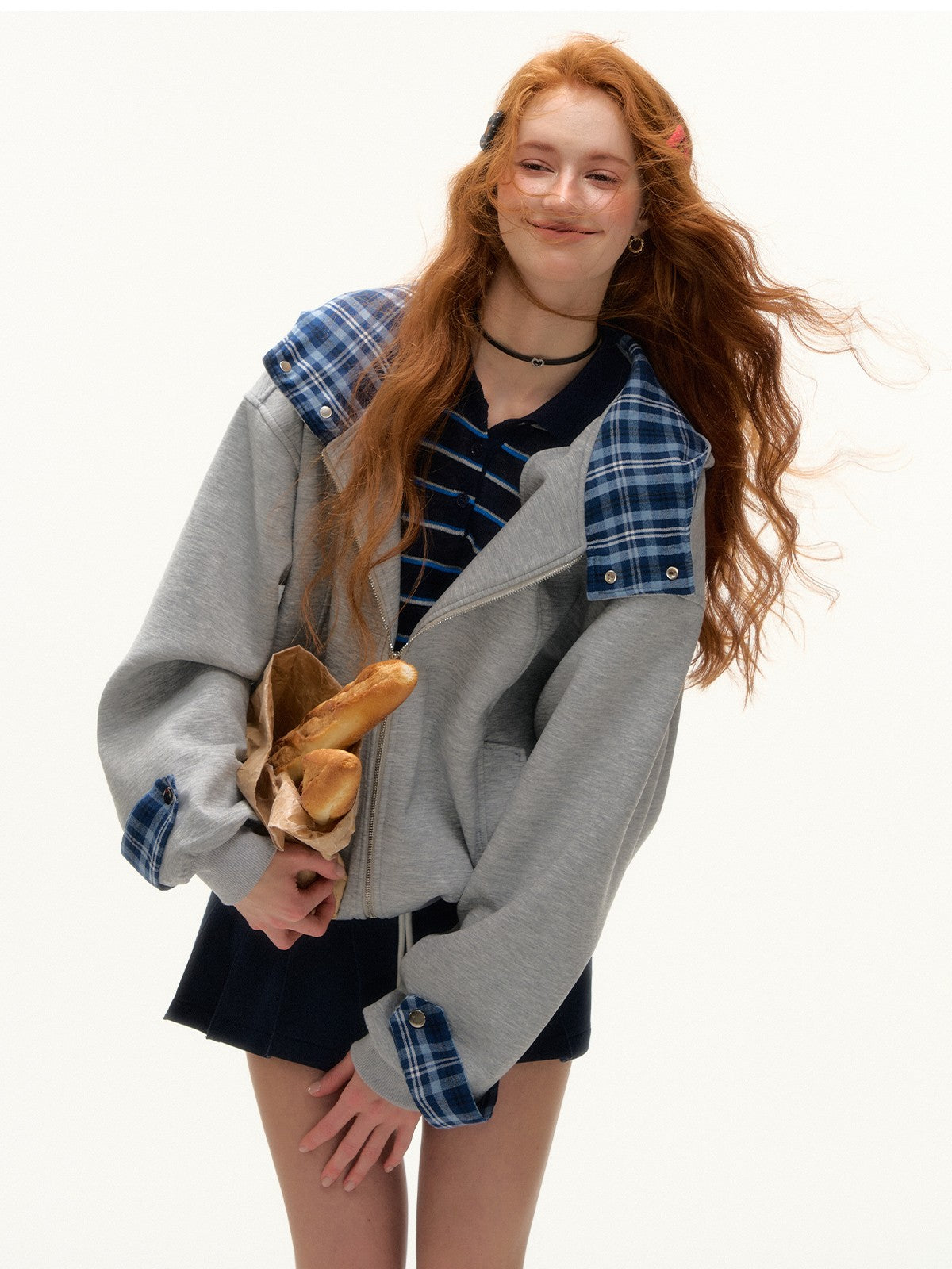 ASGONY - Plaid-Lined Oversized Hoodie Jacket (Gray)