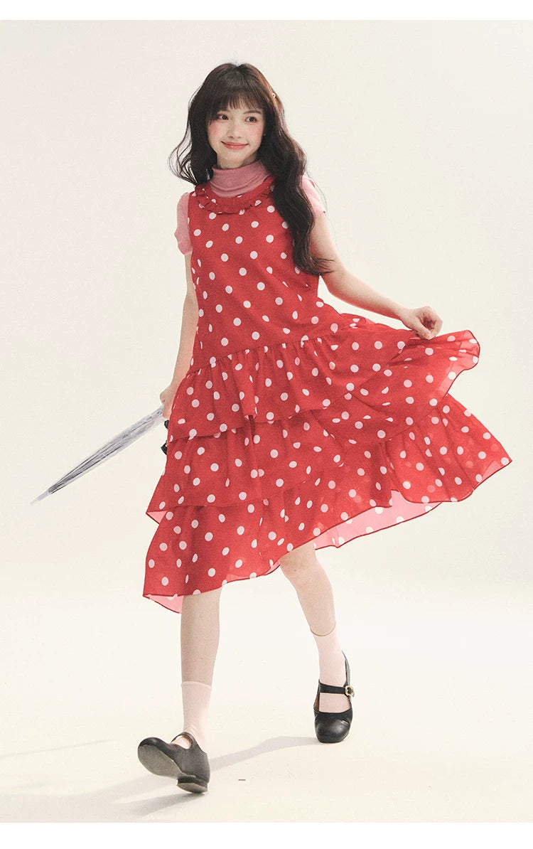"Polka Dot Layers" Red Polka Dot Tiered A-Line Maxi Cami Dress