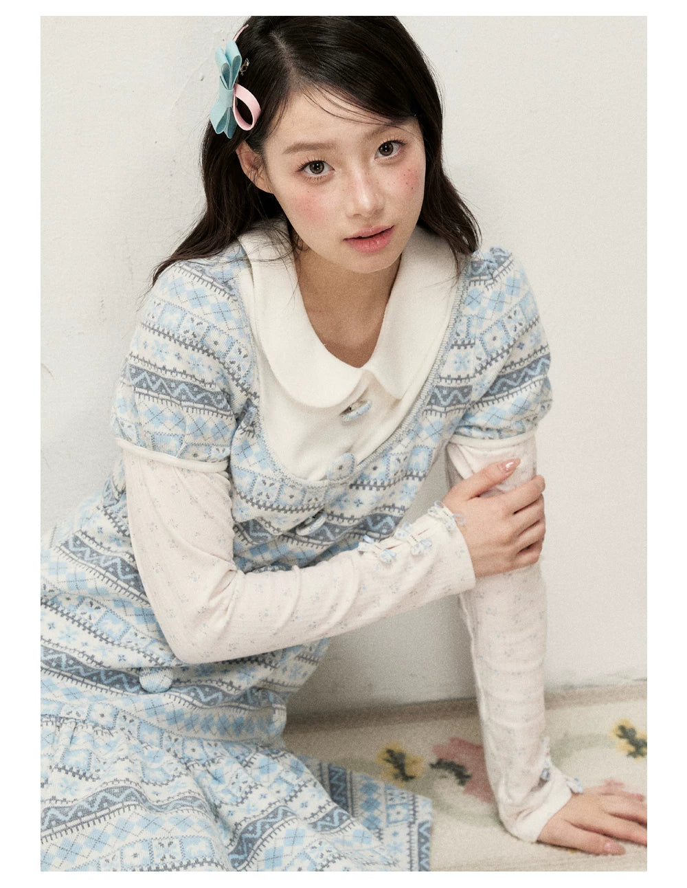 [RF] Vintage Geometric Jacquard Peter Pan Collar Knit Dress with Ruffle Hem